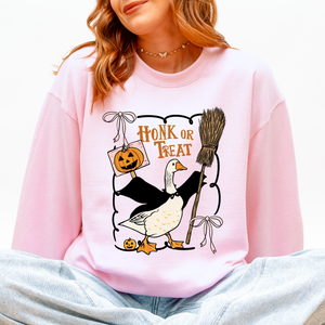 Honk Or Treat Cute Goose Halloween Witch Cozy Graphic Vintage Print Deluxe Sweatshirt — view 7