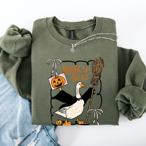 Honk Or Treat Cute Goose Halloween Witch Cozy Graphic Vintage Print Deluxe Sweatshirt — view 3