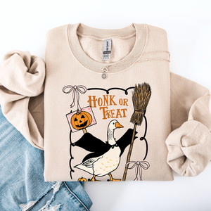 Honk Or Treat Cute Goose Halloween Witch Cozy Graphic Vintage Print Deluxe Sweatshirt — view 1