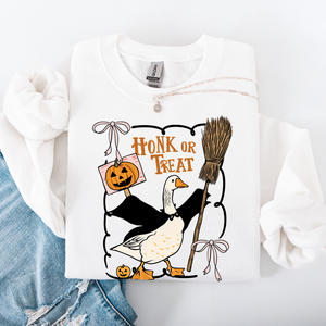 Honk Or Treat Cute Goose Halloween Witch Cozy Graphic Vintage Print Deluxe Sweatshirt — view 5