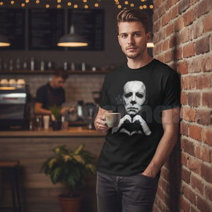Horror "Michael Hand Heart" Graphic T-Shirt – Spooky Slasher Halloween Tee, Premium 100% Cotton Creepy Cute Movie Top, Soft Lived-In Heavyweight Horror Fan Shirt, Made in USA — view 1