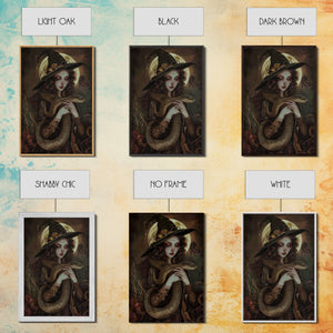 Witch Holding Snake under Full Moon - Dark Forest Sorcery Gothic Art Framed Canvas Print, Halloween Witchy Decor — view 14
