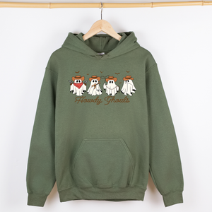 Howdy Ghouls Cowboy Ghosts Western Halloween Haunted Frontier Vintage Edition Graphic Hoodie — view 4