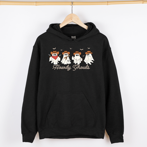 Howdy Ghouls Cowboy Ghosts Western Halloween Haunted Frontier Vintage Edition Graphic Hoodie — view 1