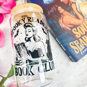Spooky Readers Book Club Glass Cup | Clear Tumbler with Bamboo Lid and Optional Glass Straw Upgrade for Halloween Book Lovers — view 1