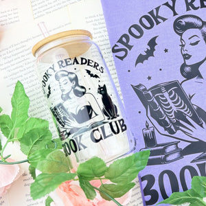 Spooky Readers Book Club Glass Cup | Clear Tumbler with Bamboo Lid and Optional Glass Straw Upgrade for Halloween Book Lovers — view 2