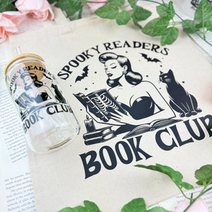 Spooky Readers Book Club Glass Cup | Clear Tumbler with Bamboo Lid and Optional Glass Straw Upgrade for Halloween Book Lovers — view 3