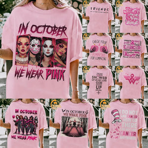 "In October We Wear Pink" Horror T-Shirt - Halloween Breast Cancer Awareness Tee, Cancer Survivor Support Squad Shirt — view 1
