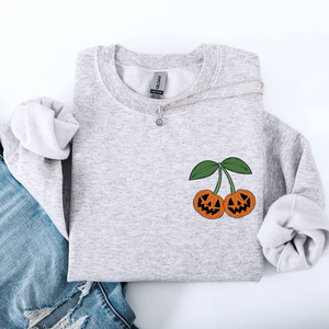 Jack O Lantern Cherry Halloween Vintage Retro Cozy Autumn Night In Graphic Sweatshirt — view 2