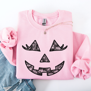 Jack O Lantern Coquette Faux Lace Halloween Vintage Inspired Cozy Embroidered Sweatshirt — view 1
