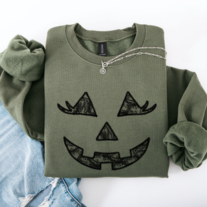 Jack O Lantern Coquette Faux Lace Halloween Vintage Inspired Cozy Embroidered Sweatshirt — view 7