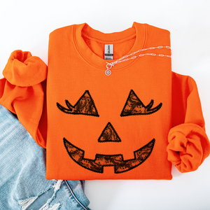 Jack O Lantern Coquette Faux Lace Halloween Vintage Inspired Cozy Embroidered Sweatshirt — view 6