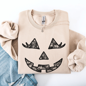 Jack O Lantern Coquette Faux Lace Halloween Vintage Inspired Cozy Embroidered Sweatshirt — view 3
