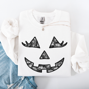 Jack O Lantern Coquette Faux Lace Halloween Vintage Inspired Cozy Embroidered Sweatshirt — view 2