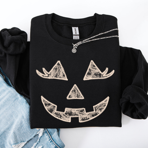 Jack O Lantern Coquette Faux Lace Halloween Vintage Inspired Cozy Embroidered Sweatshirt — view 5