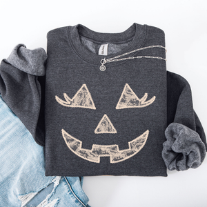 Jack O Lantern Coquette Faux Lace Halloween Vintage Inspired Cozy Embroidered Sweatshirt — view 9