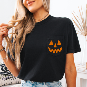 Jack o Lantern Coquette Faux Lace Halloween Spooky Pumpkin Pocket Premium Graphic Tee — view 1