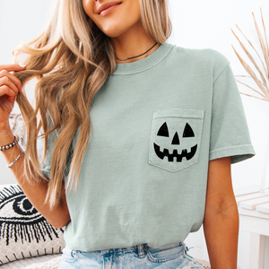 Jack o Lantern Coquette Faux Lace Halloween Spooky Pumpkin Pocket Premium Graphic Tee — view 5