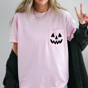 Jack o Lantern Coquette Faux Lace Halloween Spooky Pumpkin Pocket Premium Graphic Tee — view 7
