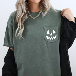 Jack o Lantern Coquette Faux Lace Halloween Spooky Pumpkin Pocket Premium Graphic Tee — view 8
