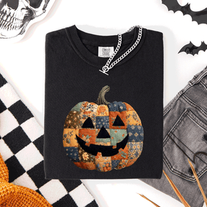 Jack O Lantern Faux Quilt Pumpkin Halloween Fall Autumn Spooky Cozy Comfort Colors Tee — view 1