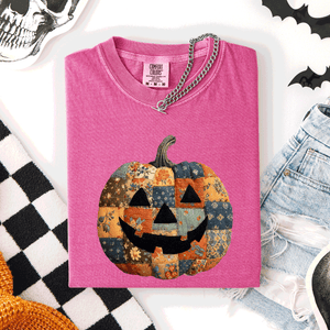 Jack O Lantern Faux Quilt Pumpkin Halloween Fall Autumn Spooky Cozy Comfort Colors Tee — view 6
