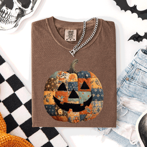 Jack O Lantern Faux Quilt Pumpkin Halloween Fall Autumn Spooky Cozy Comfort Colors Tee — view 7