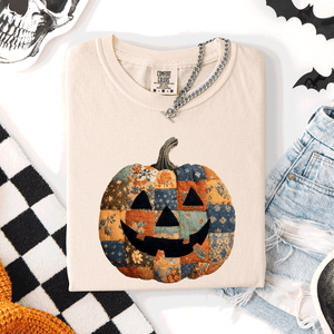 Jack O Lantern Faux Quilt Pumpkin Halloween Fall Autumn Spooky Cozy Comfort Colors Tee — view 4