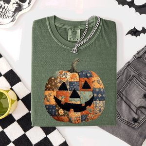 Jack O Lantern Faux Quilt Pumpkin Halloween Fall Autumn Spooky Cozy Comfort Colors Tee — view 5