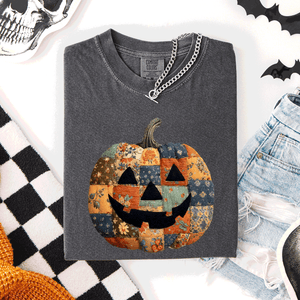 Jack O Lantern Faux Quilt Pumpkin Halloween Fall Autumn Spooky Cozy Comfort Colors Tee — view 3
