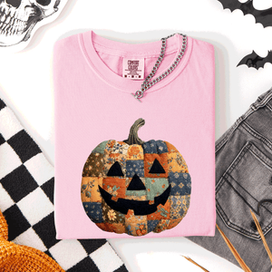 Jack O Lantern Faux Quilt Pumpkin Halloween Fall Autumn Spooky Cozy Comfort Colors Tee — view 8