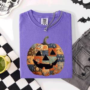 Jack O Lantern Faux Quilt Pumpkin Halloween Fall Autumn Spooky Cozy Comfort Colors Tee — view 9