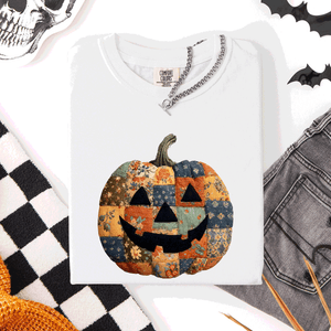 Jack O Lantern Faux Quilt Pumpkin Halloween Fall Autumn Spooky Cozy Comfort Colors Tee — view 10