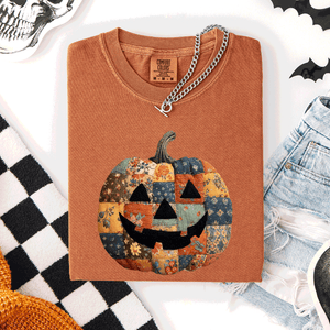 Jack O Lantern Faux Quilt Pumpkin Halloween Fall Autumn Spooky Cozy Comfort Colors Tee — view 2