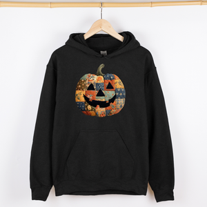 Jack-O-Lantern Faux Quilt Pumpkin Halloween Harvest Night Vintage Cozy Fall Inspired Graphic Hoodie — view 4