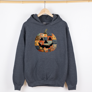 Jack-O-Lantern Faux Quilt Pumpkin Halloween Harvest Night Vintage Cozy Fall Inspired Graphic Hoodie — view 6