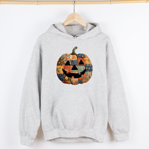 Jack-O-Lantern Faux Quilt Pumpkin Halloween Harvest Night Vintage Cozy Fall Inspired Graphic Hoodie — view 3