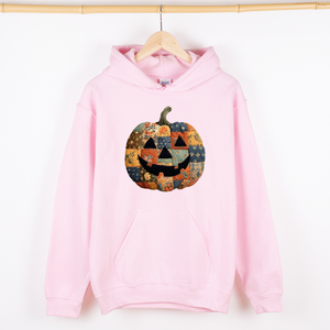 Jack-O-Lantern Faux Quilt Pumpkin Halloween Harvest Night Vintage Cozy Fall Inspired Graphic Hoodie — view 5