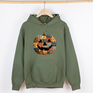 Jack-O-Lantern Faux Quilt Pumpkin Halloween Harvest Night Vintage Cozy Fall Inspired Graphic Hoodie — view 2