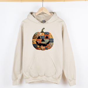 Jack-O-Lantern Faux Quilt Pumpkin Halloween Harvest Night Vintage Cozy Fall Inspired Graphic Hoodie — view 1