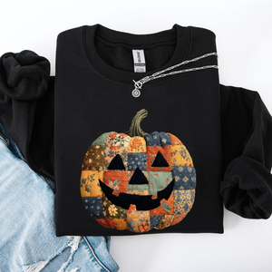 Jack O Lantern Faux Quilt Pumpkin Halloween Fall Autumn Cozy Patchwork Style Sweatshirt — view 3