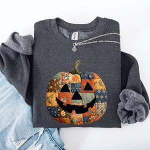 Jack O Lantern Faux Quilt Pumpkin Halloween Fall Autumn Cozy Patchwork Style Sweatshirt — view 5