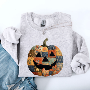Jack O Lantern Faux Quilt Pumpkin Halloween Fall Autumn Cozy Patchwork Style Sweatshirt — view 4