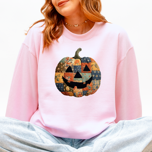 Jack O Lantern Faux Quilt Pumpkin Halloween Fall Autumn Cozy Patchwork Style Sweatshirt — view 10