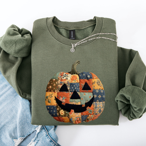 Jack O Lantern Faux Quilt Pumpkin Halloween Fall Autumn Cozy Patchwork Style Sweatshirt — view 2