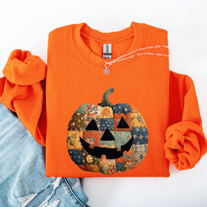 Jack O Lantern Faux Quilt Pumpkin Halloween Fall Autumn Cozy Patchwork Style Sweatshirt — view 8