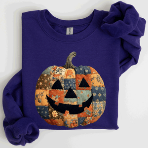 Jack O Lantern Faux Quilt Pumpkin Halloween Fall Autumn Cozy Patchwork Style Sweatshirt — view 9