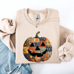 Jack O Lantern Faux Quilt Pumpkin Halloween Fall Autumn Cozy Patchwork Style Sweatshirt — view 1
