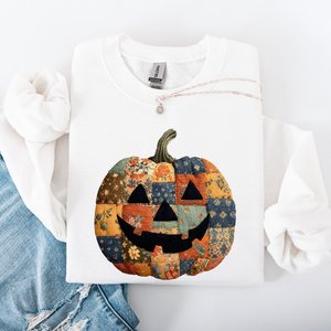 Jack O Lantern Faux Quilt Pumpkin Halloween Fall Autumn Cozy Patchwork Style Sweatshirt — view 6