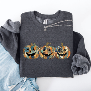 Jack O Lanterns Faux Quilt Pumpkin Halloween Autumn Festive Cozy Classic Sweatshirt — view 7